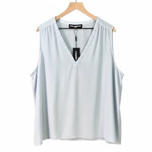 KARL LAGERFELD Light Blue V-Neck Pearl Detail Sleeveless Blue Tank Top Blouse 2X